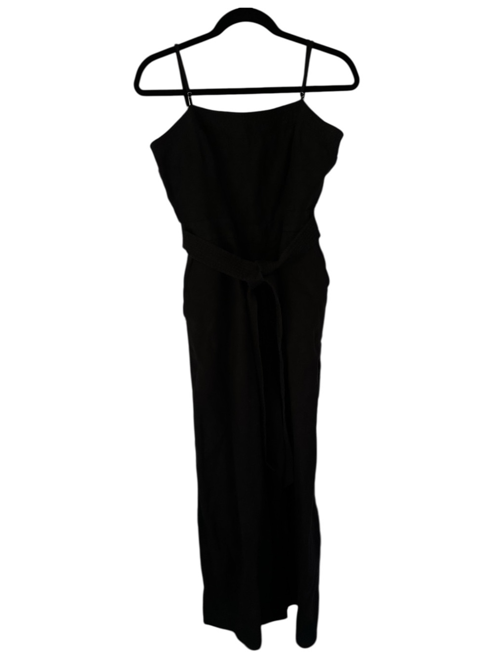J. Crew Black Linen Square Neck Jumpsuit with Tie Waist and Zipper Back